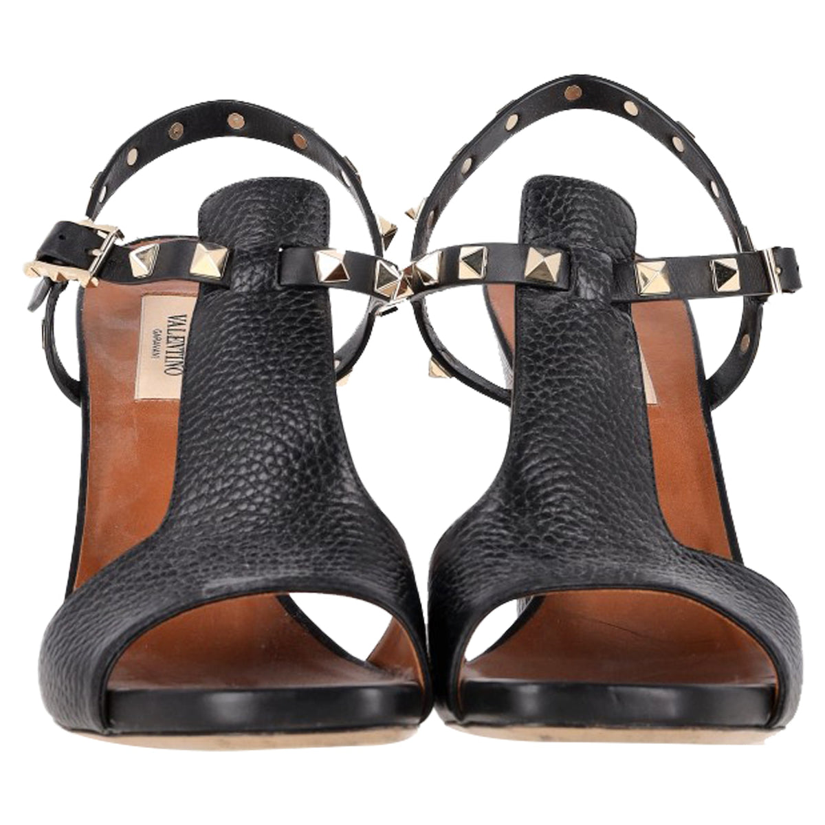 Valentino Garavani Rockstud T-Strap Sandal Heels in Black Leather