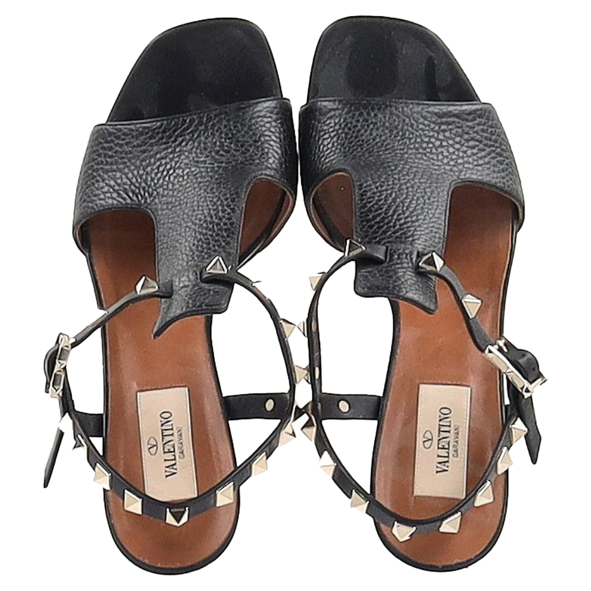 Valentino Garavani Rockstud T-Strap Sandal Heels in Black Leather
