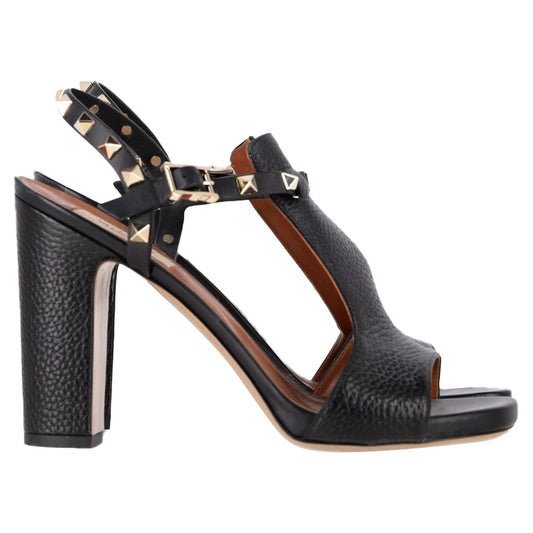 Valentino Garavani Rockstud T-Strap Sandal Heels in Black Leather
