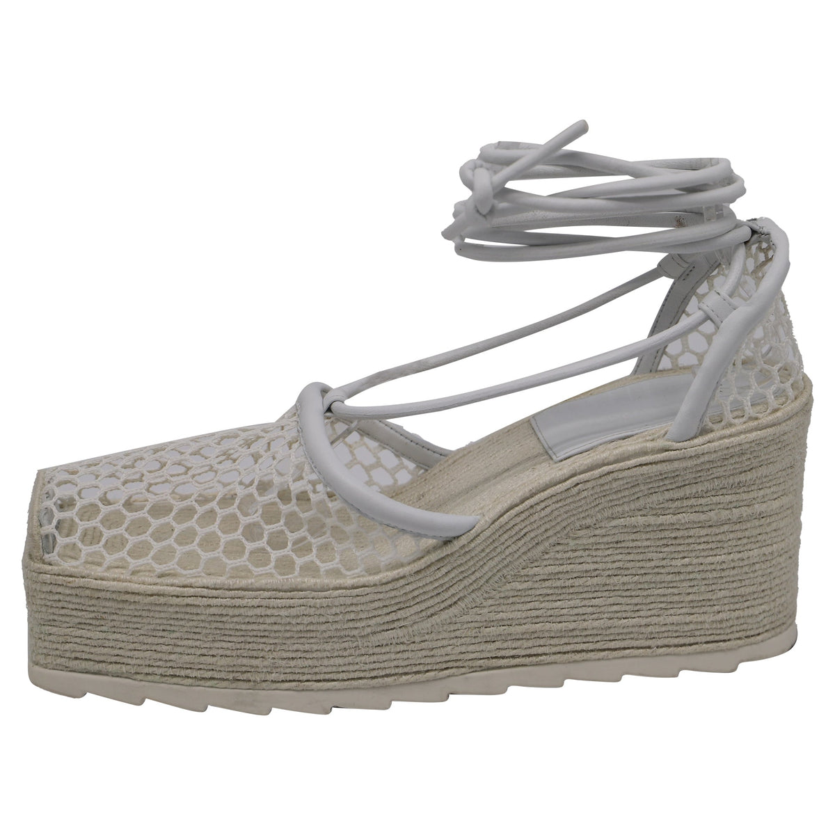Bottega Veneta Stretch Lace-Up Wedge Espadrilles in White Leather