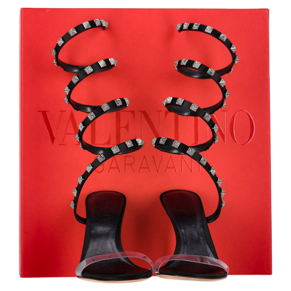 Valentino Garavani Rockstud Wrap Around Sandal Heels in Black Leather