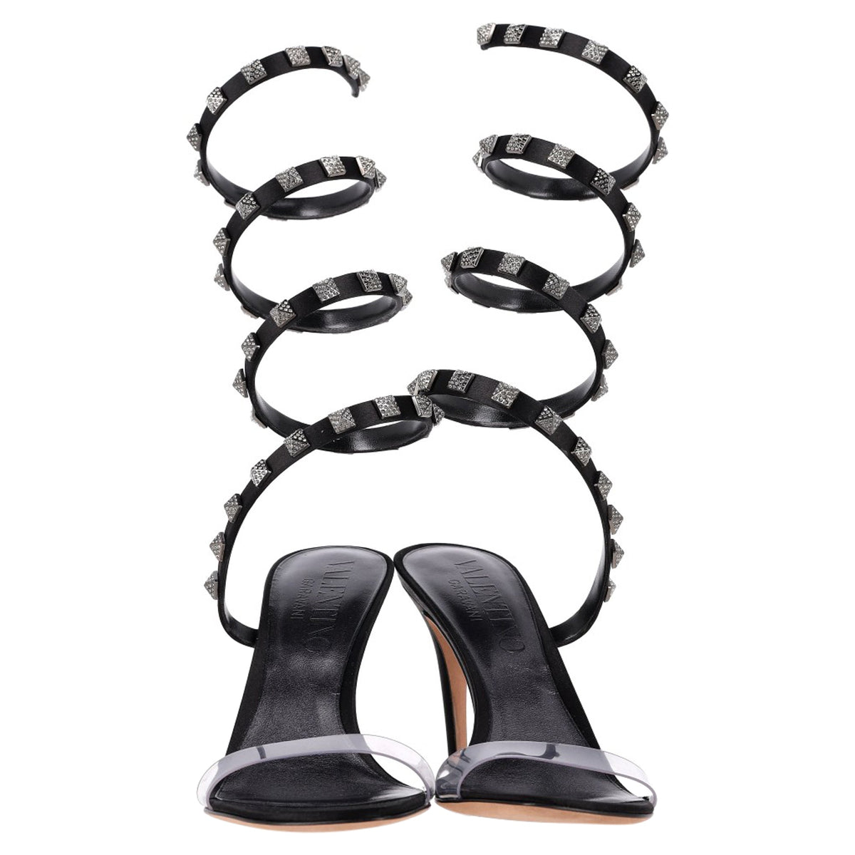 Valentino Garavani Rockstud Wrap Around Sandal Heels in Black Leather