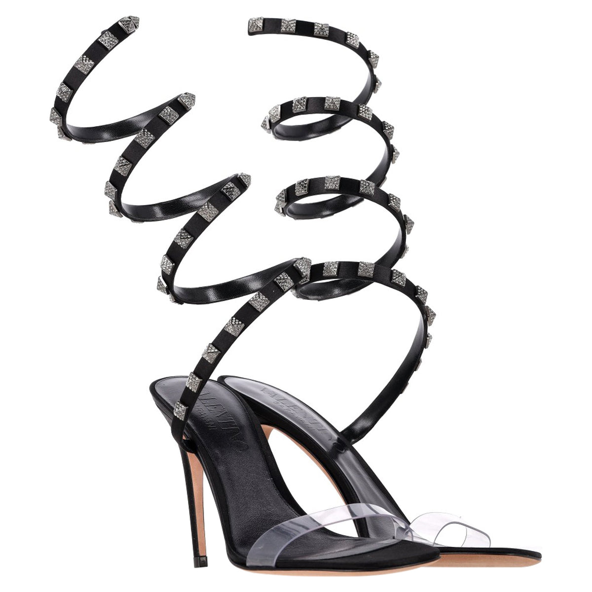 Valentino Garavani Rockstud Wrap Around Sandal Heels in Black Leather