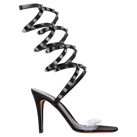 Valentino Garavani Rockstud Wrap Around Sandal Heels in Black Leather