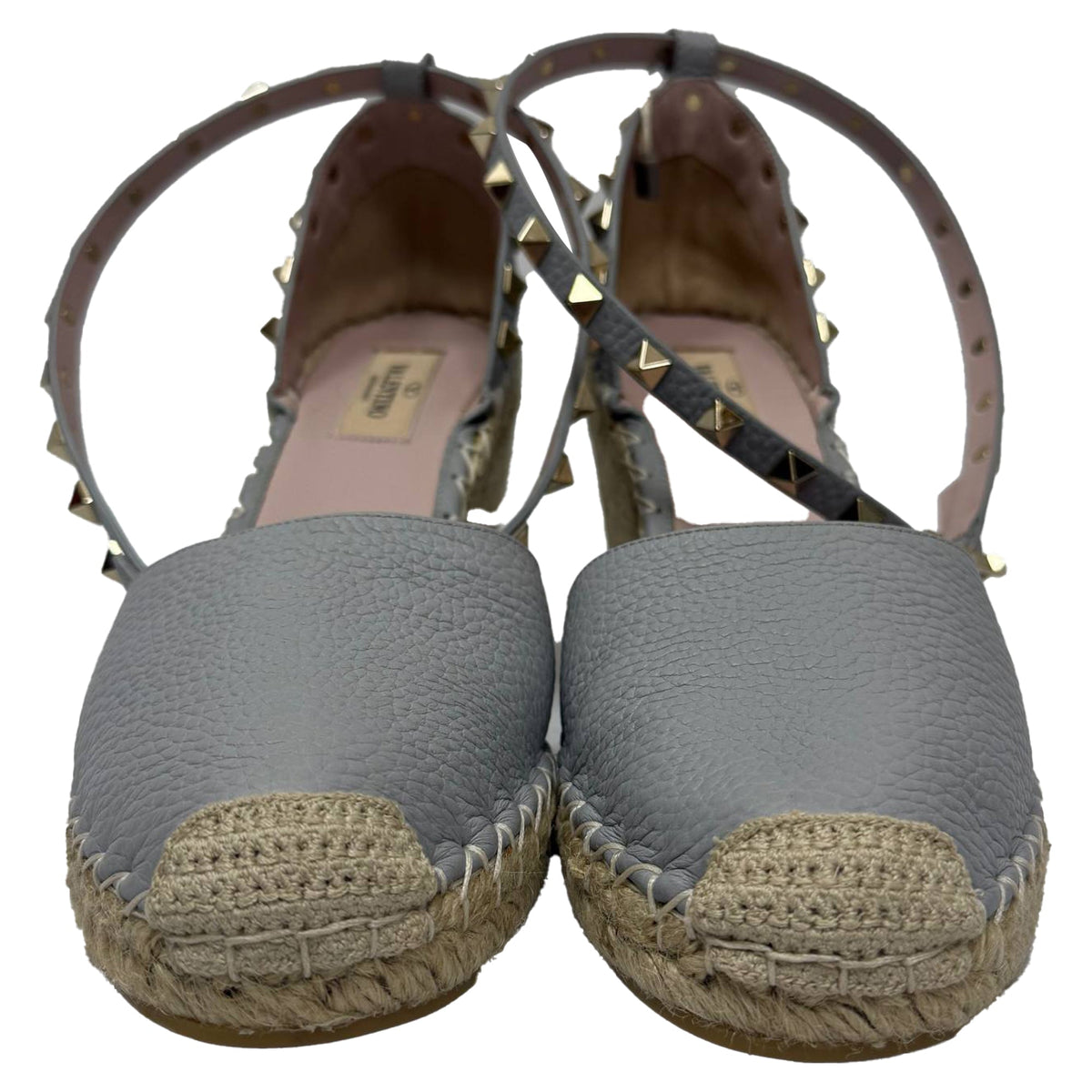 Valentino Rockstud Ankle Strap Espadrille Wedge Pumps in Grey Leather