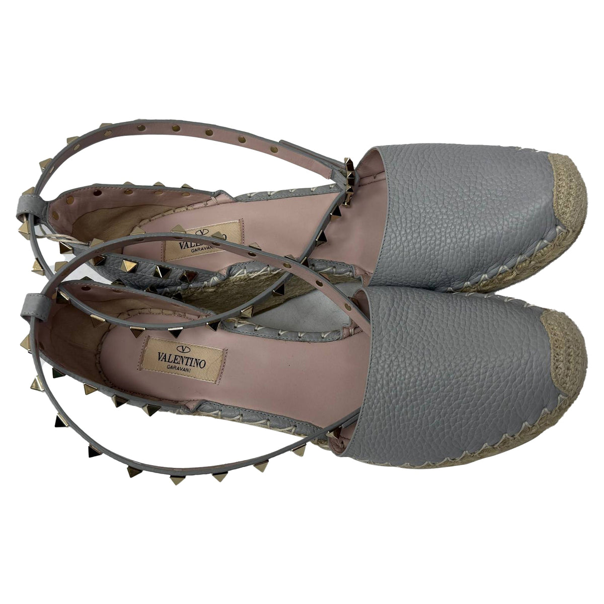 Valentino Rockstud Ankle Strap Espadrille Wedge Pumps in Grey Leather