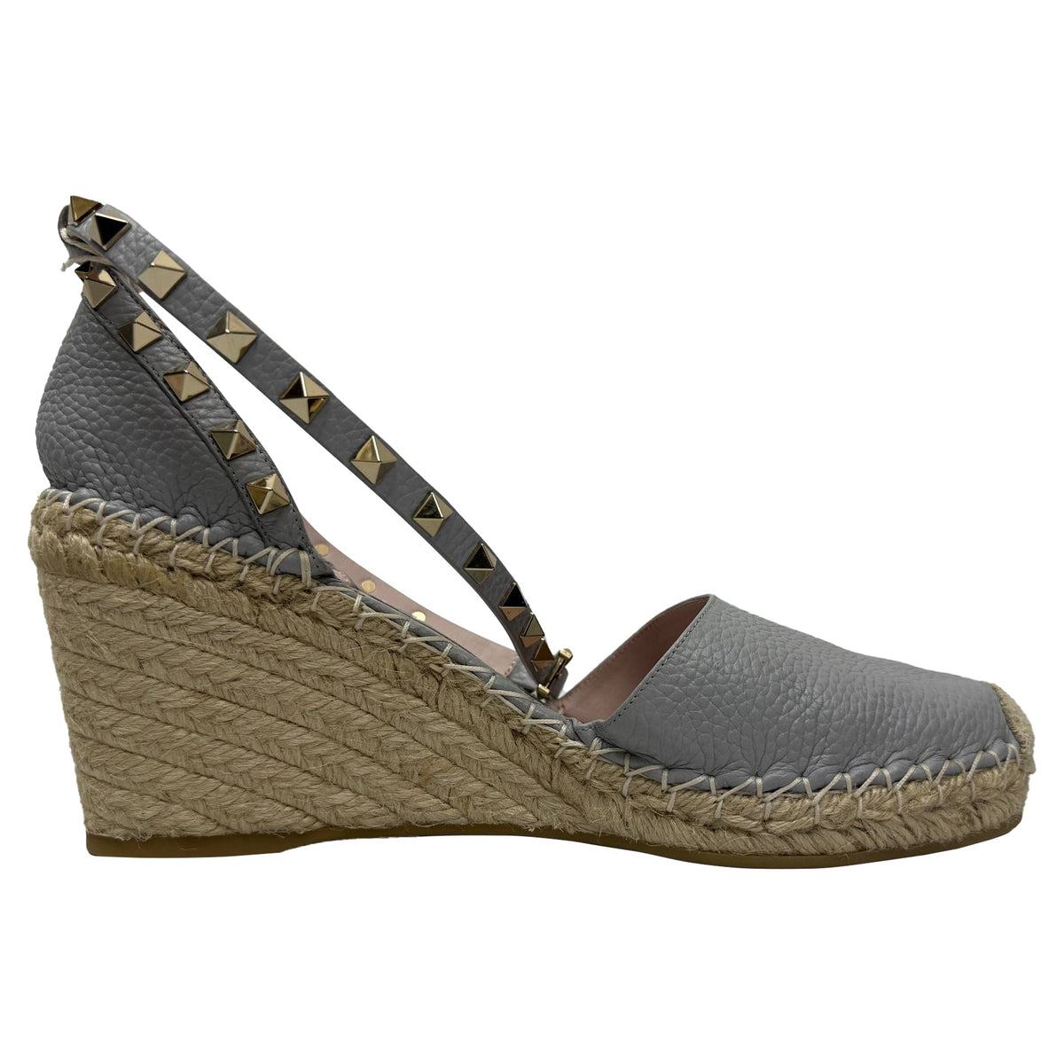Valentino Rockstud Ankle Strap Espadrille Wedge Pumps in Grey Leather