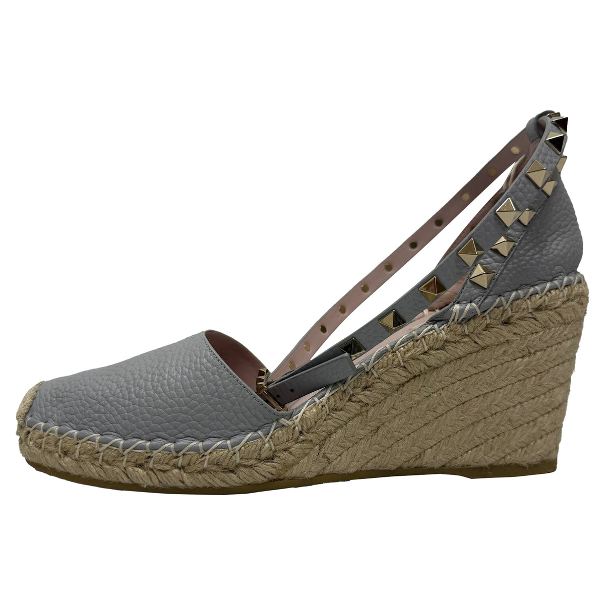 Valentino Rockstud Ankle Strap Espadrille Wedge Pumps in Grey Leather