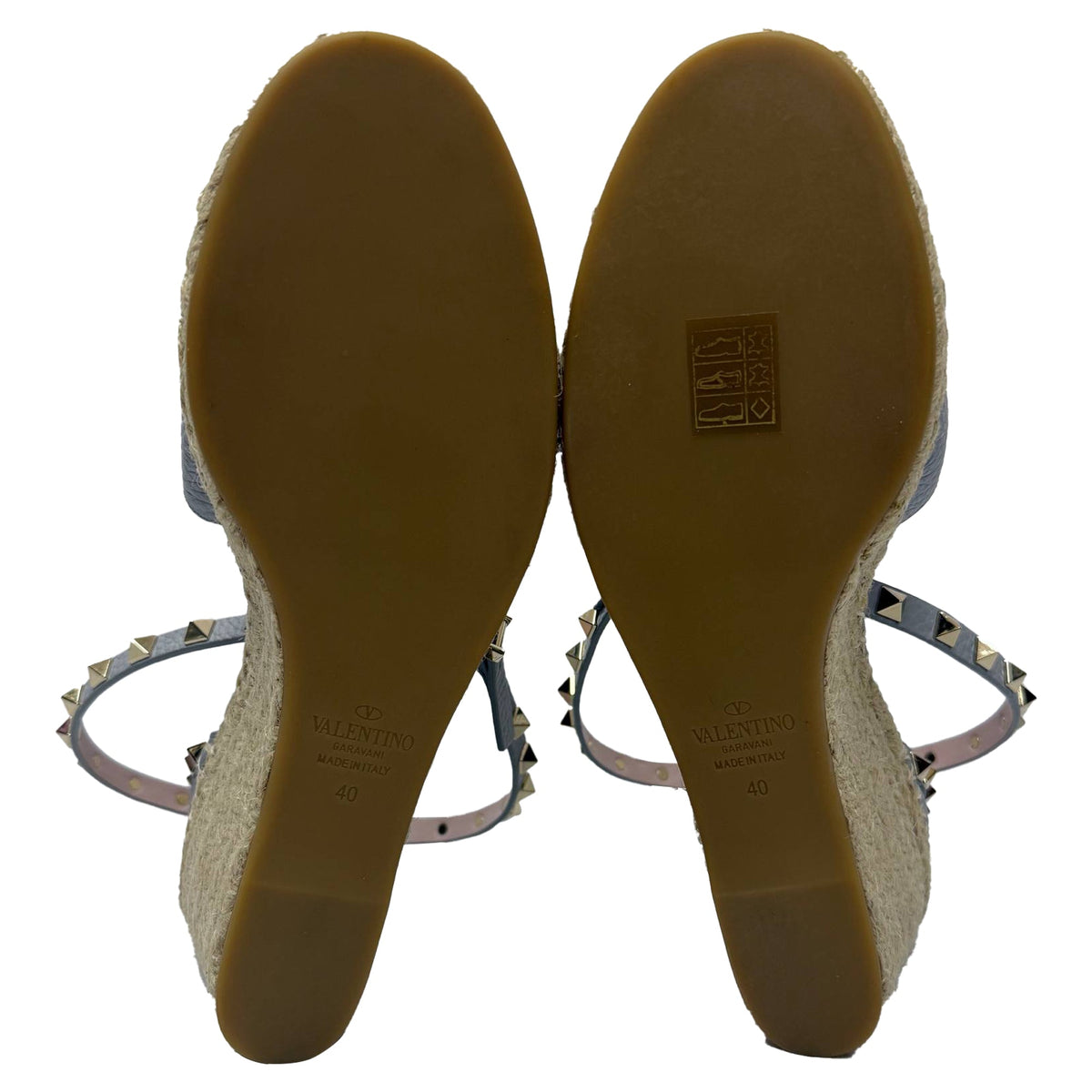 Valentino Rockstud Ankle Strap Espadrille Wedge Pumps in Grey Leather