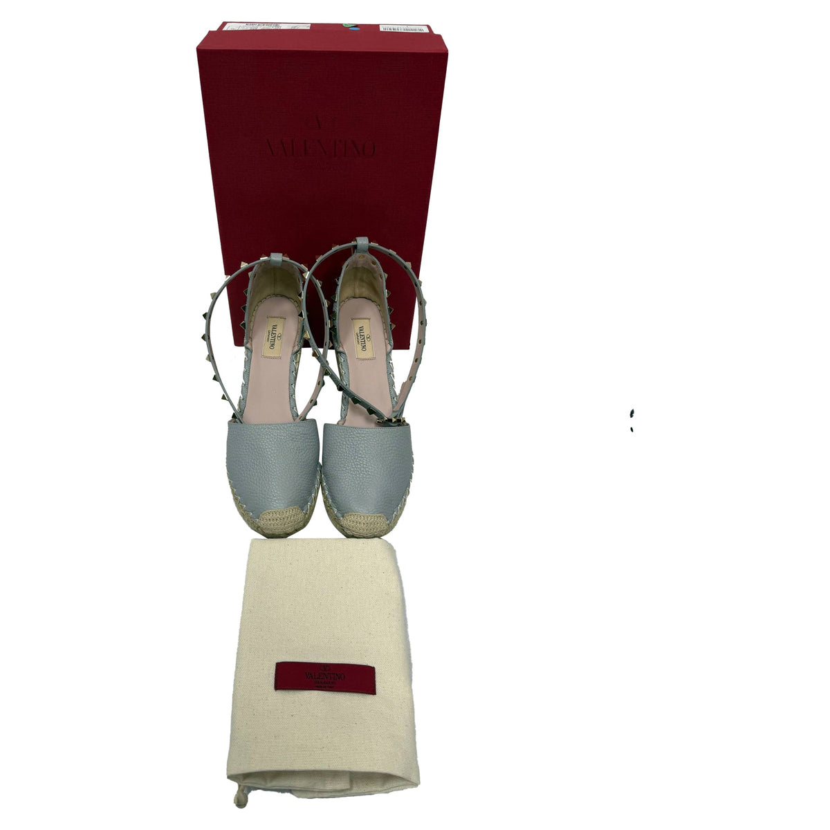 Valentino Rockstud Ankle Strap Espadrille Wedge Pumps in Grey Leather