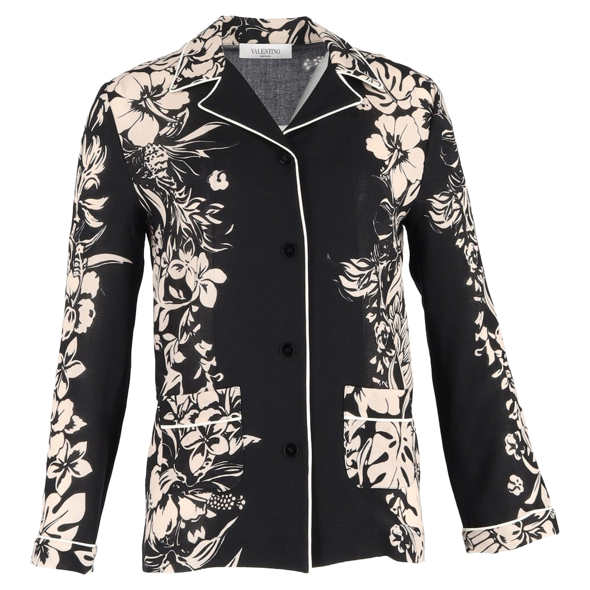 Valentino Cuban-Collar Shirt in Floral-Print Silk