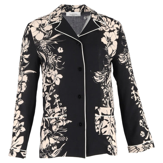 Valentino Cuban-Collar Shirt in Floral-Print Silk