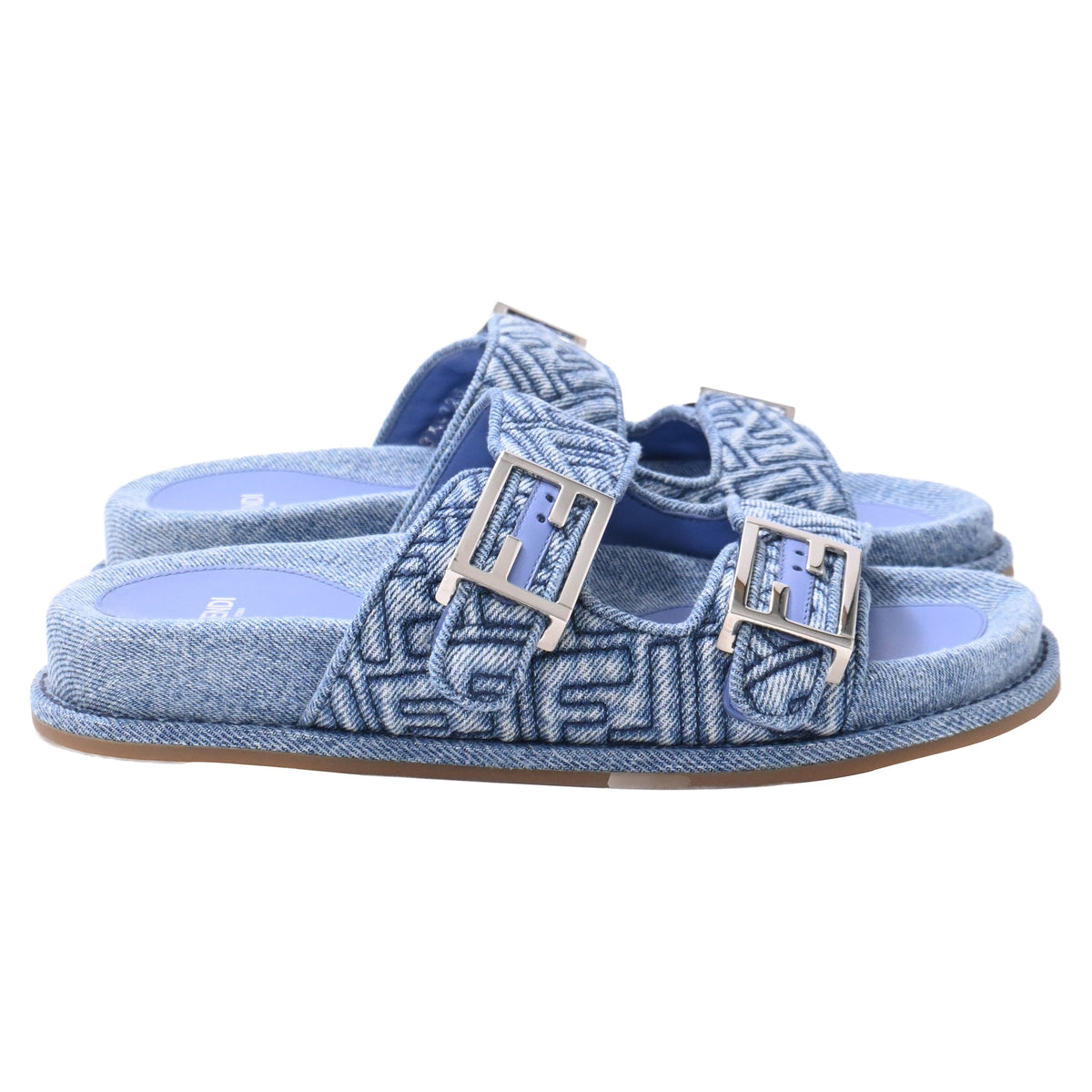 Fendi FF Feel Slide Flat Sandals in Blue Cotton Denim