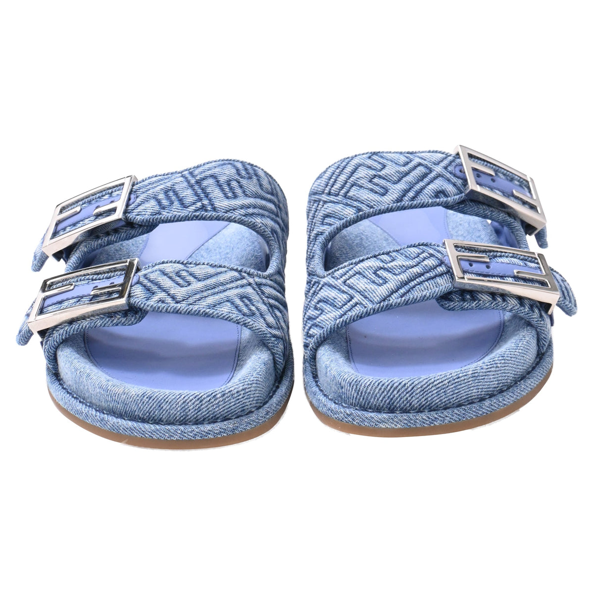 Fendi FF Feel Slide Flat Sandals in Blue Cotton Denim