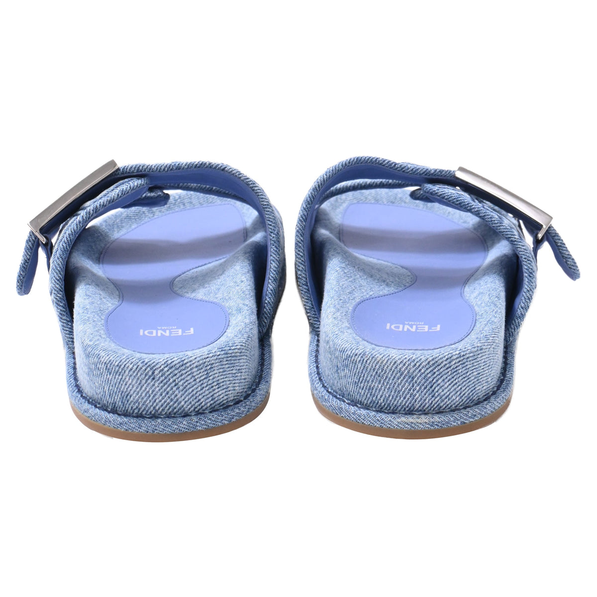 Fendi FF Feel Slide Flat Sandals in Blue Cotton Denim