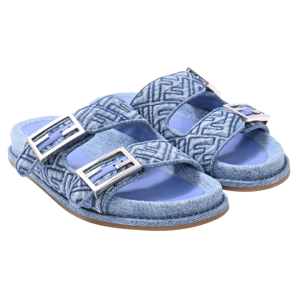 Fendi FF Feel Slide Flat Sandals in Blue Cotton Denim