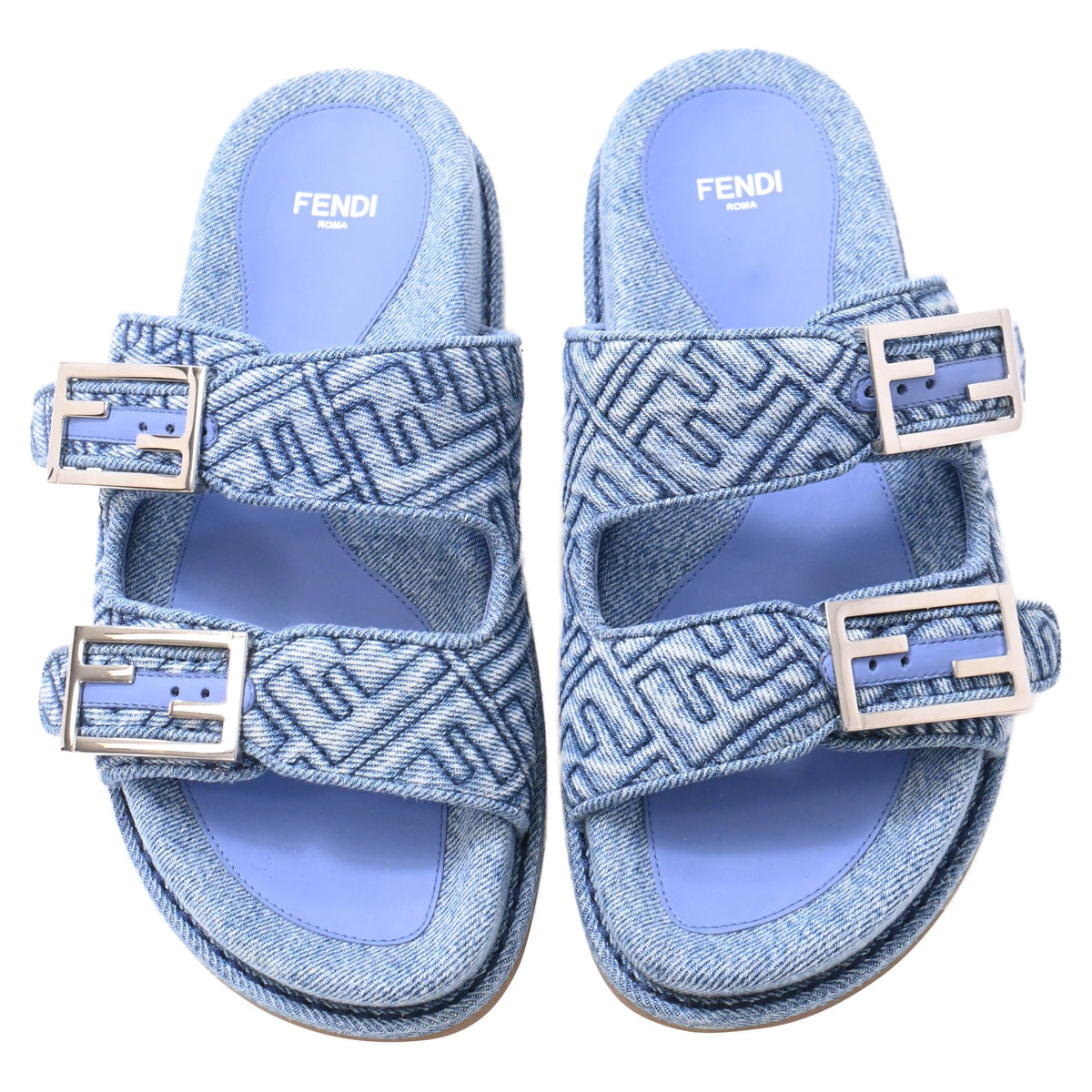 Fendi FF Feel Slide Flat Sandals in Blue Cotton Denim