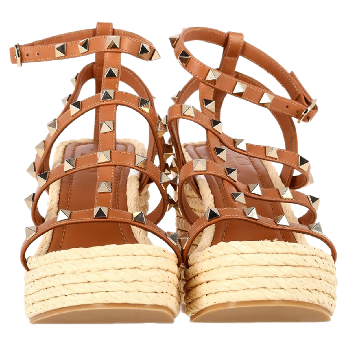 Valentino Garavani Rockstud Wedge Sandals in Brown Calf Leather