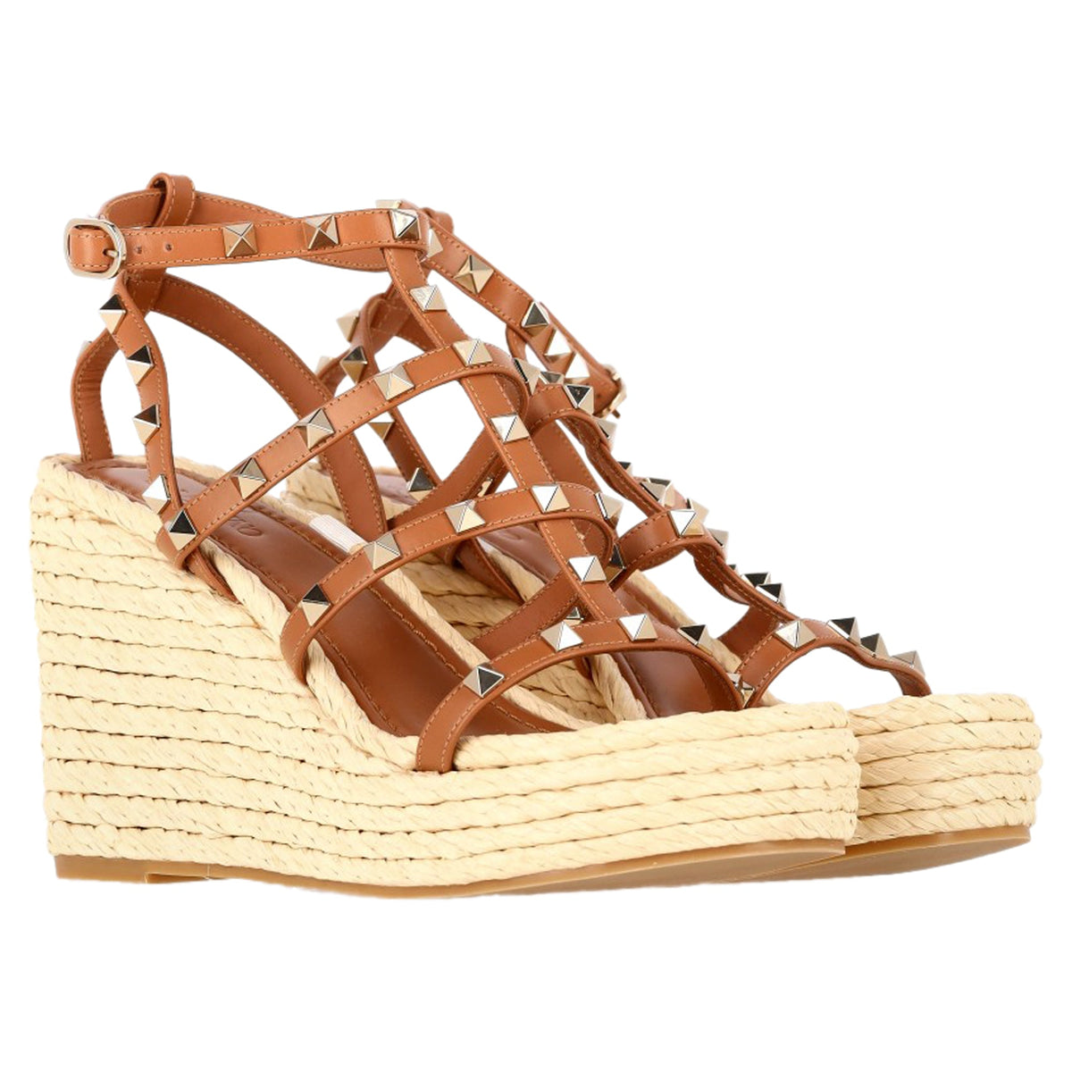 Valentino Garavani Rockstud Wedge Sandals in Brown Calf Leather