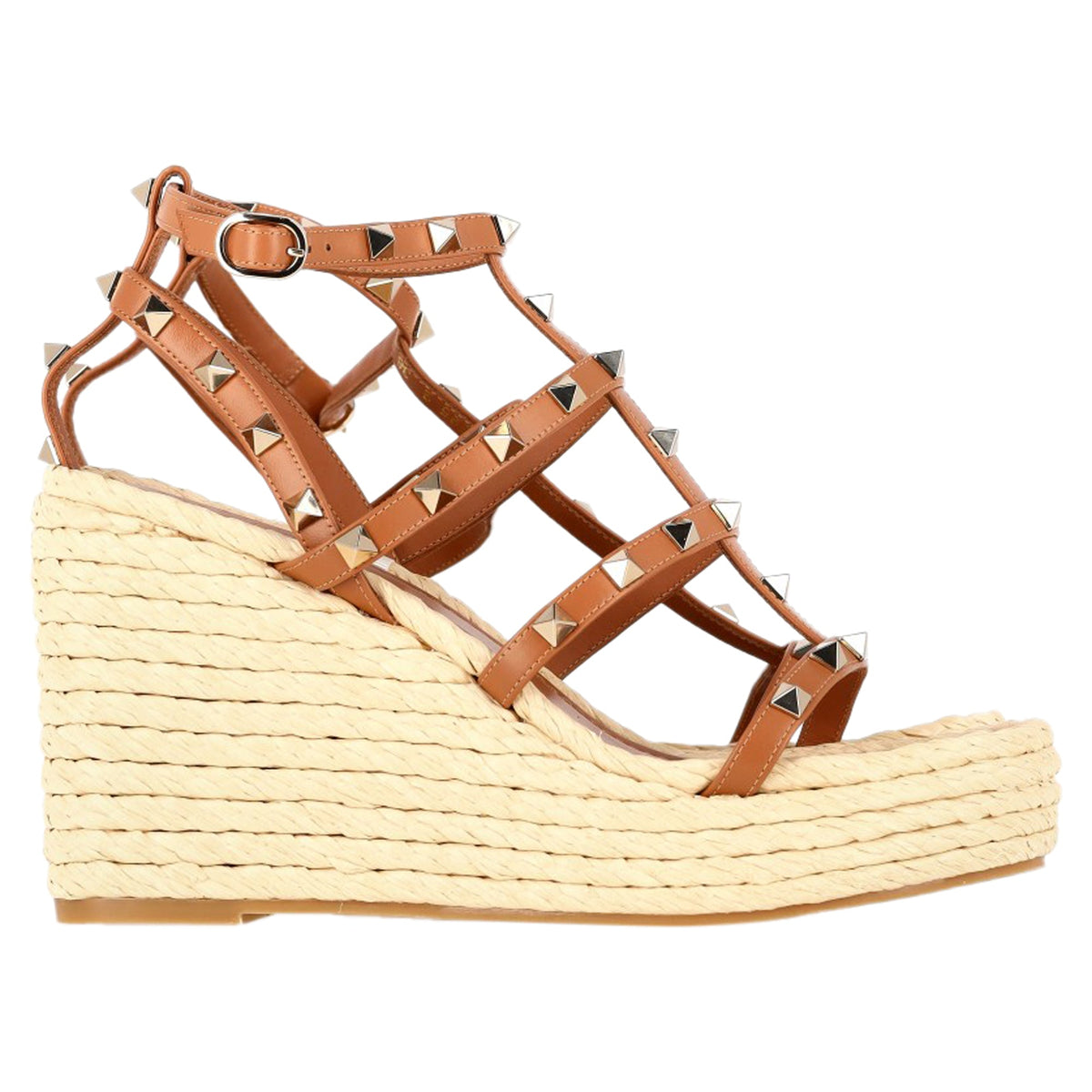 Valentino Garavani Rockstud Wedge Sandals in Brown Calf Leather