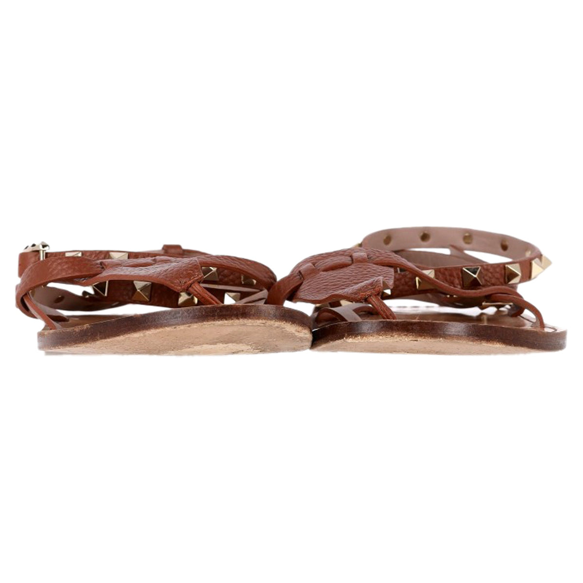 Valentino Garavani Rockstud T-Strap Flat Sandals in Brown Leather