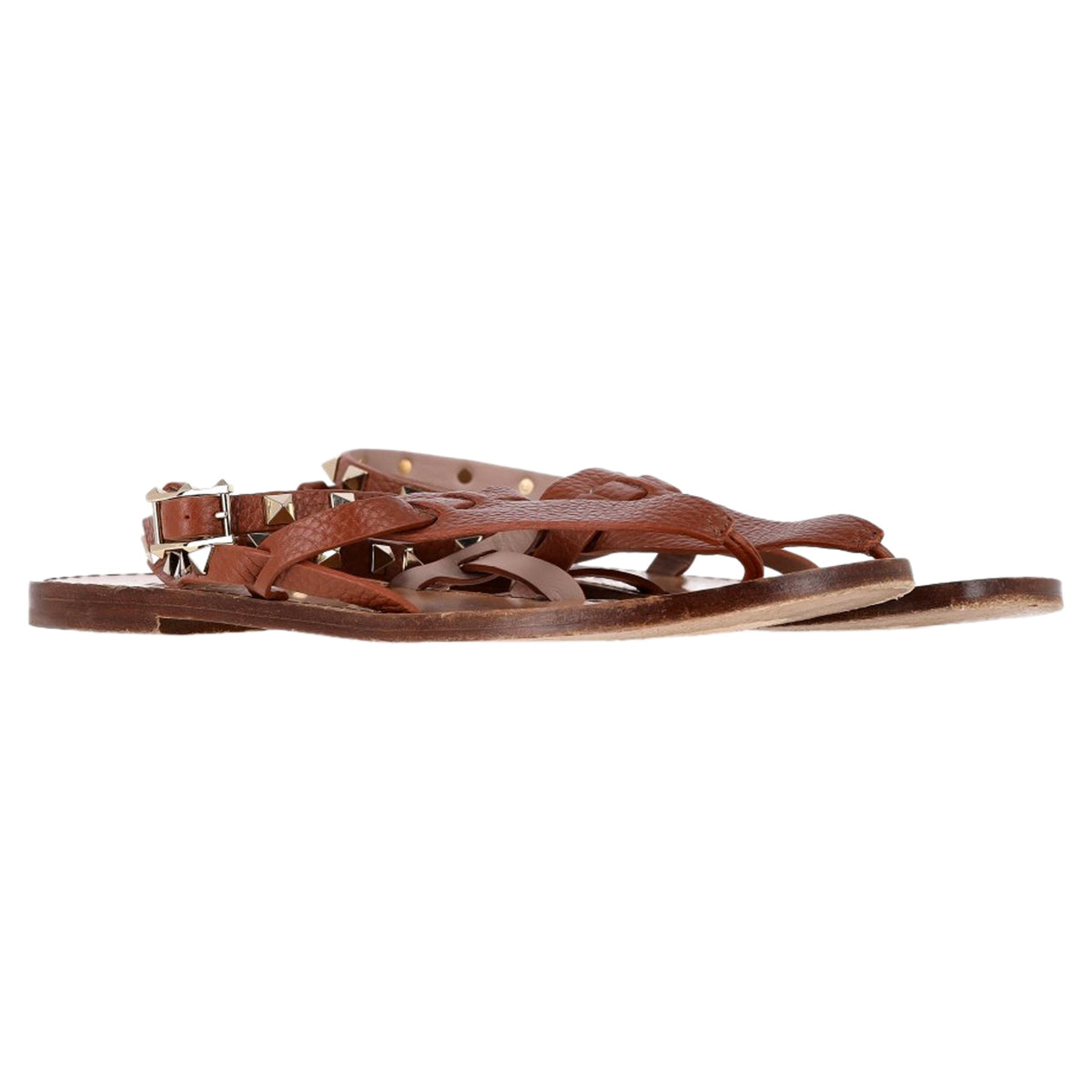 Valentino Garavani Rockstud T-Strap Flat Sandals in Brown Leather