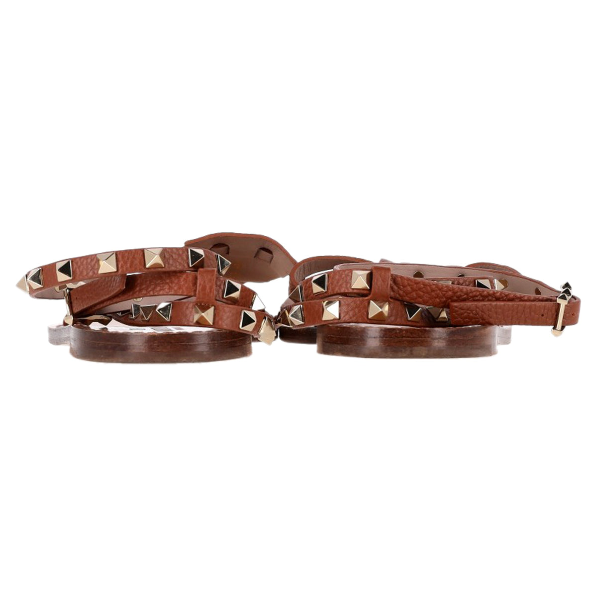 Valentino Garavani Rockstud T-Strap Flat Sandals in Brown Leather