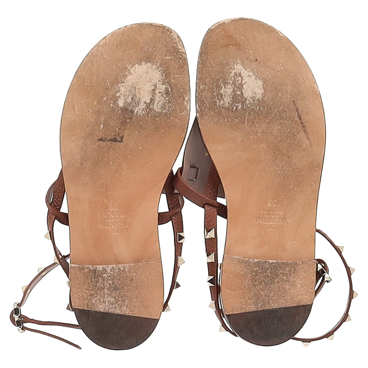 Valentino Garavani Rockstud T-Strap Flat Sandals in Brown Leather