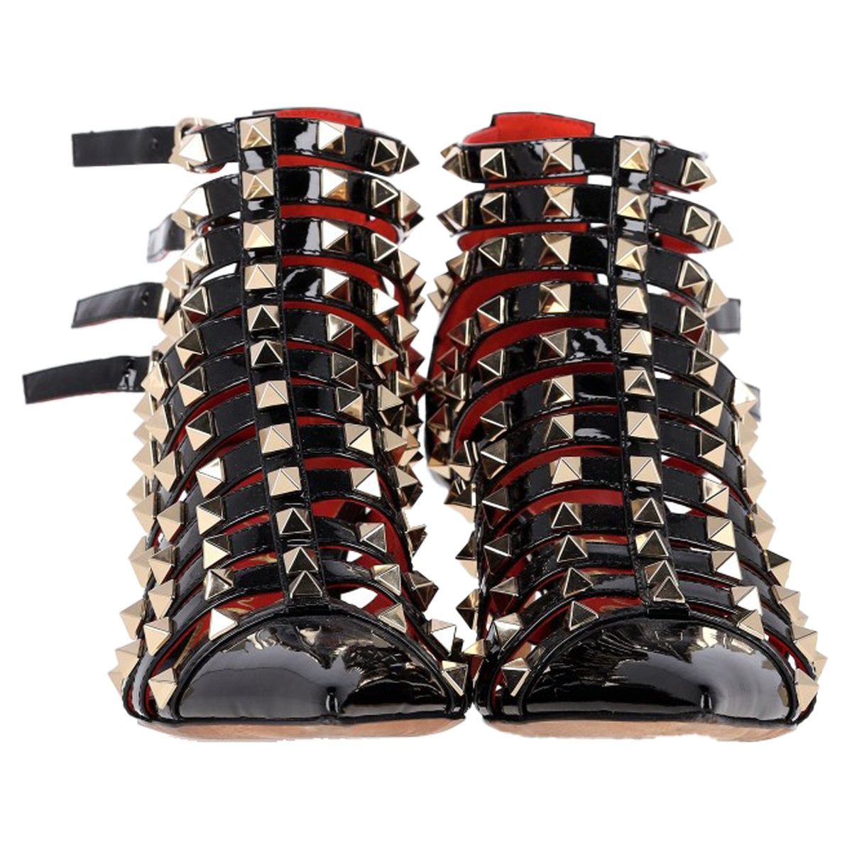 Valentino Alcove Rockstud Gladiator Booties in Black Patent Leather
