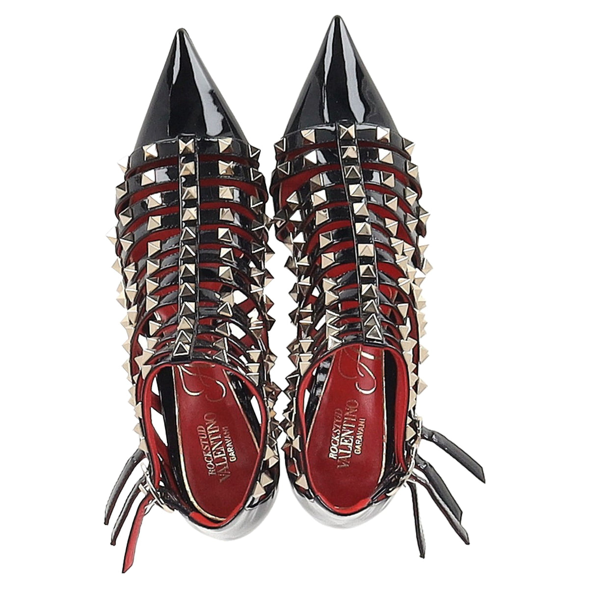Valentino Alcove Rockstud Gladiator Booties in Black Patent Leather