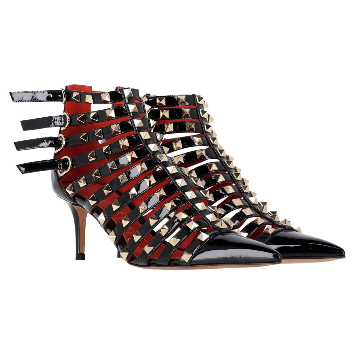 Valentino Alcove Rockstud Gladiator Booties in Black Patent Leather