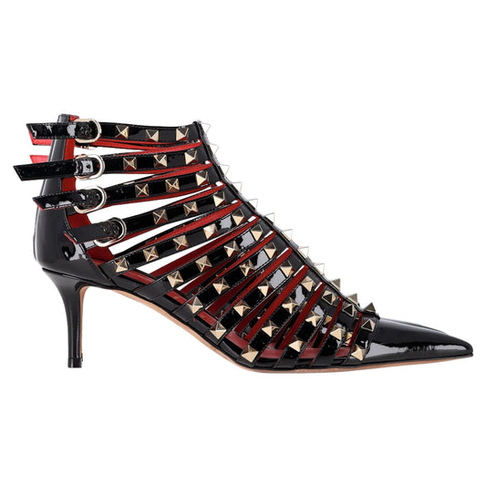 Valentino Alcove Rockstud Gladiator Booties in Black Patent Leather