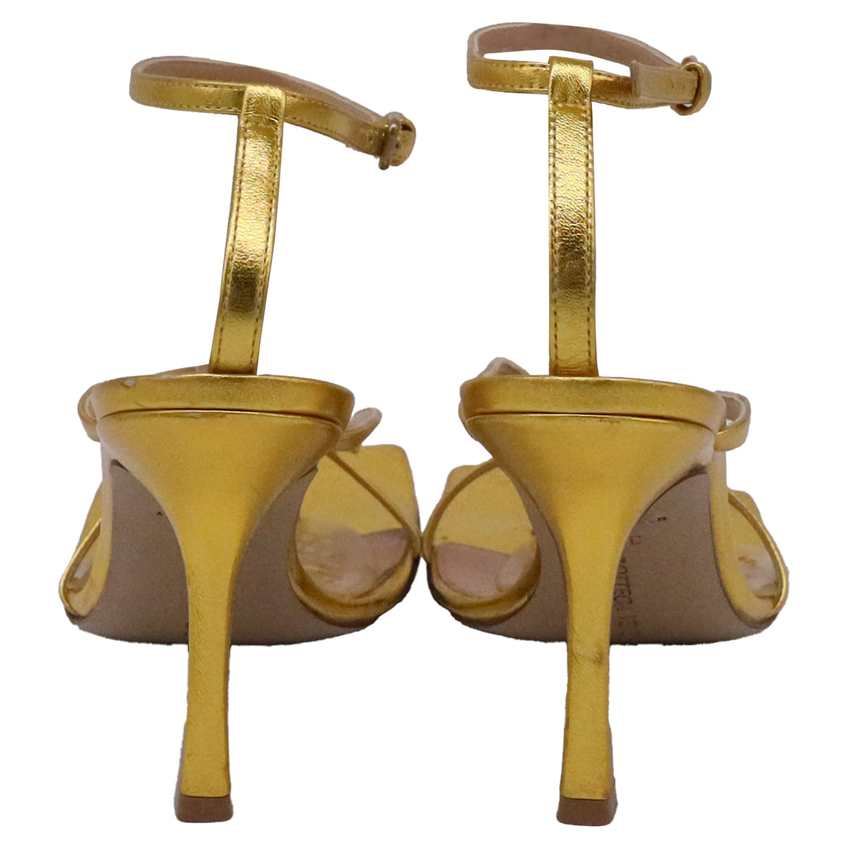 Bottega Veneta Stretch Ankle Strap Sandal Heels in Metallic Gold Leather
