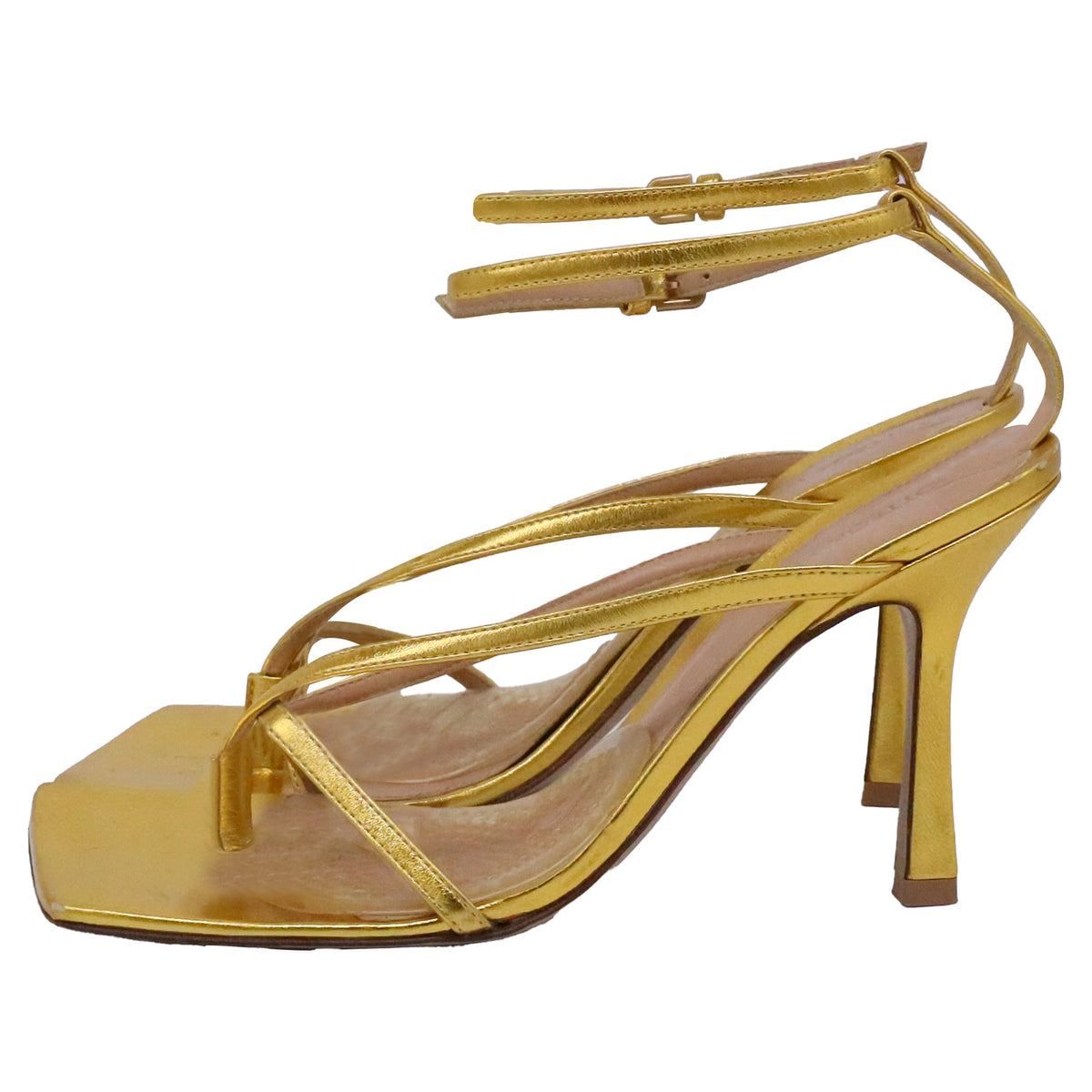 Bottega Veneta Stretch Ankle Strap Sandal Heels in Metallic Gold Leather