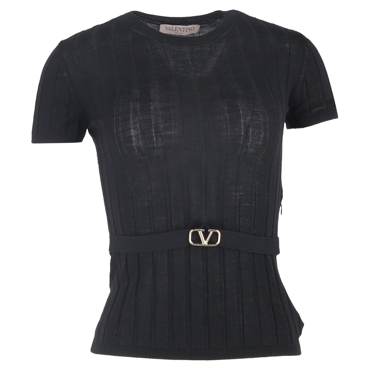 Valentino Garavani Belted Ribbed-Knit T-shirt in Black Wool