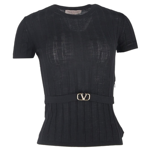 Valentino Garavani Belted Ribbed-Knit T-shirt in Black Wool