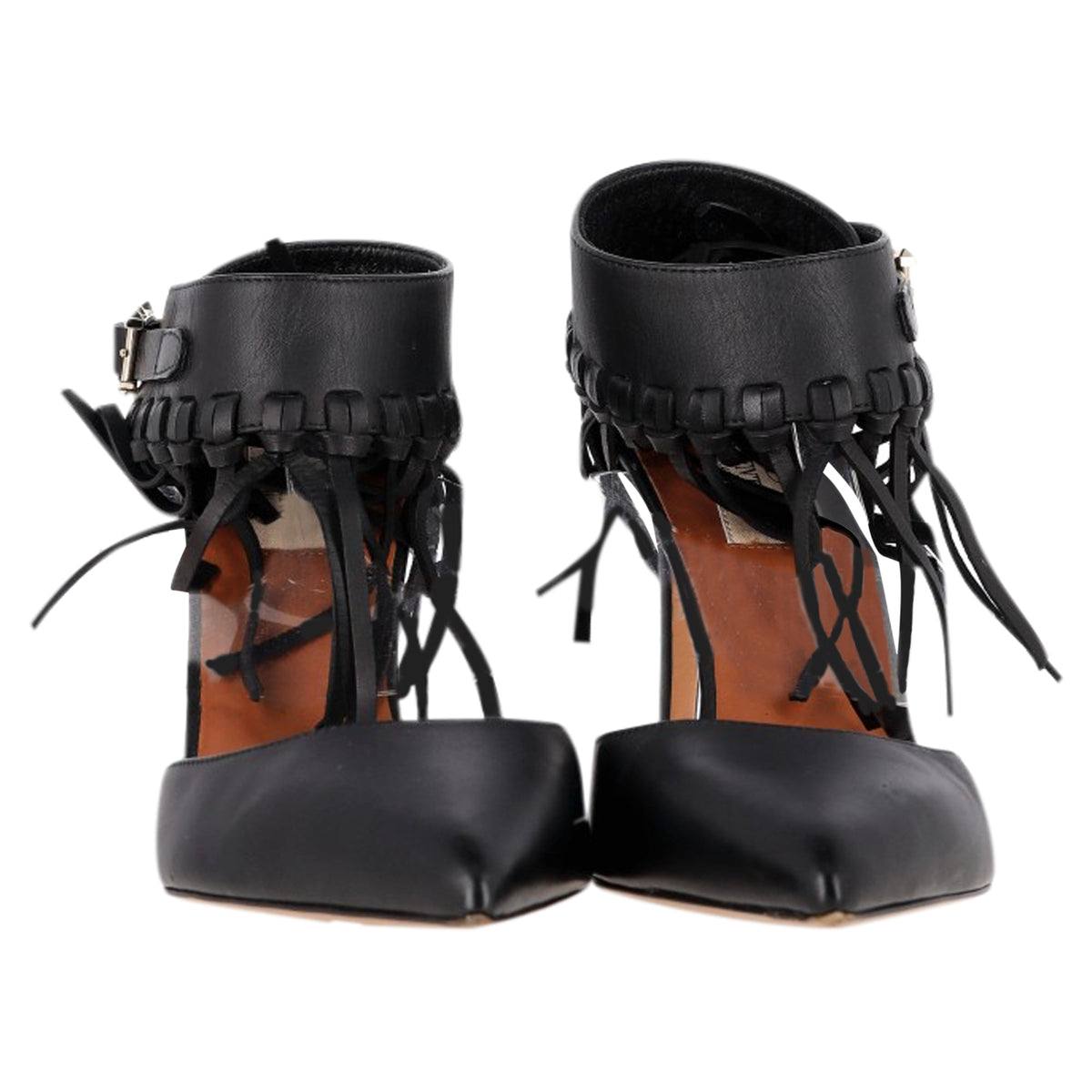 Valentino Garavani Fringed Ankle Strap Pumps in Black Leather