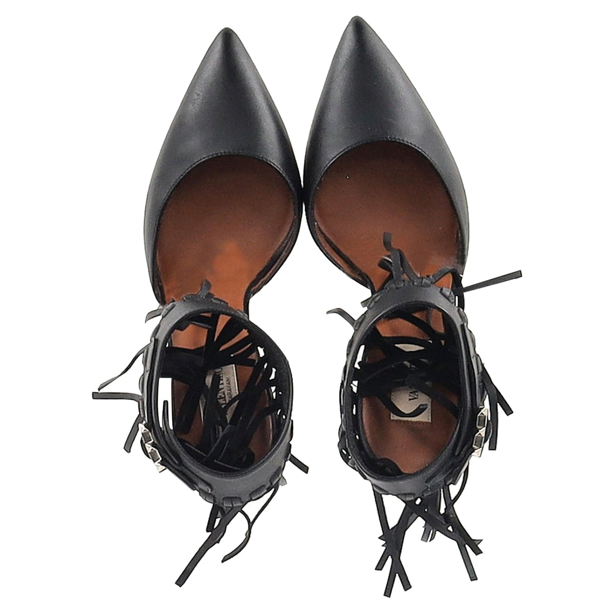 Valentino Garavani Fringed Ankle Strap Pumps in Black Leather