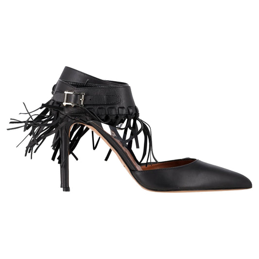 Valentino Garavani Fringed Ankle Strap Pumps in Black Leather
