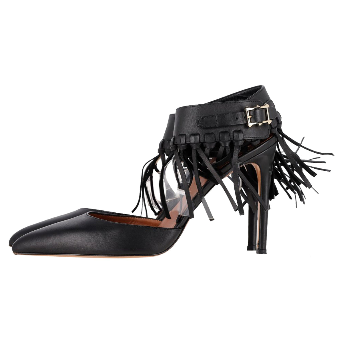 Valentino Garavani Fringed Ankle Strap Pumps in Black Leather
