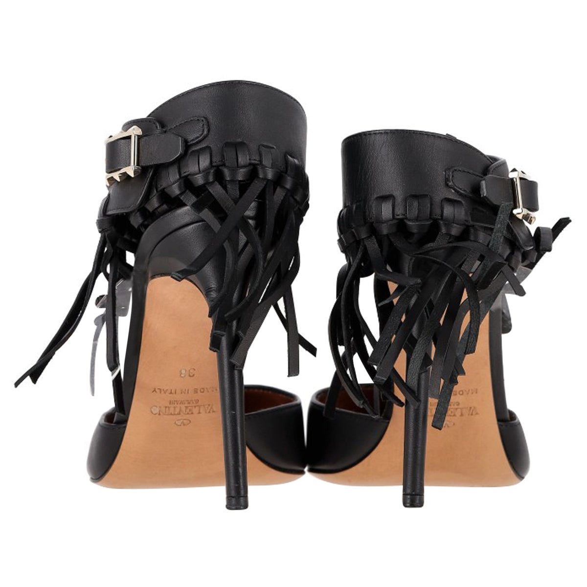Valentino Garavani Fringed Ankle Strap Pumps in Black Leather