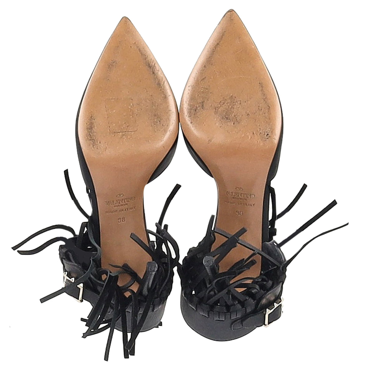 Valentino Garavani Fringed Ankle Strap Pumps in Black Leather