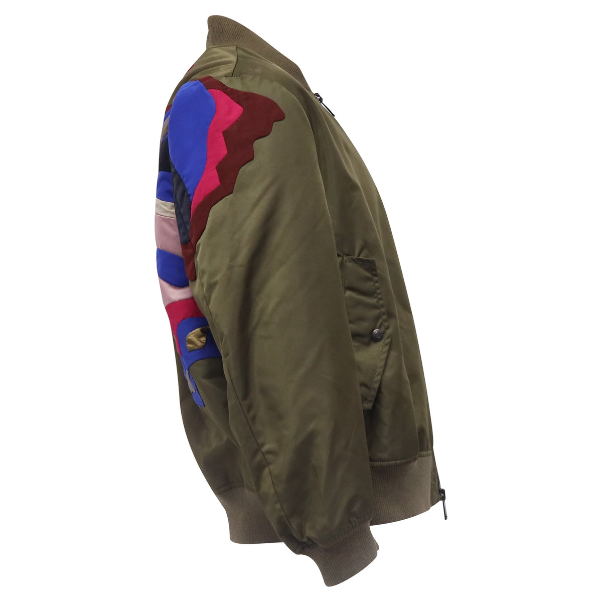 Valentino Garavani Zipped Butterfly Patchwork Bomber Jacket in Olive Polyamide