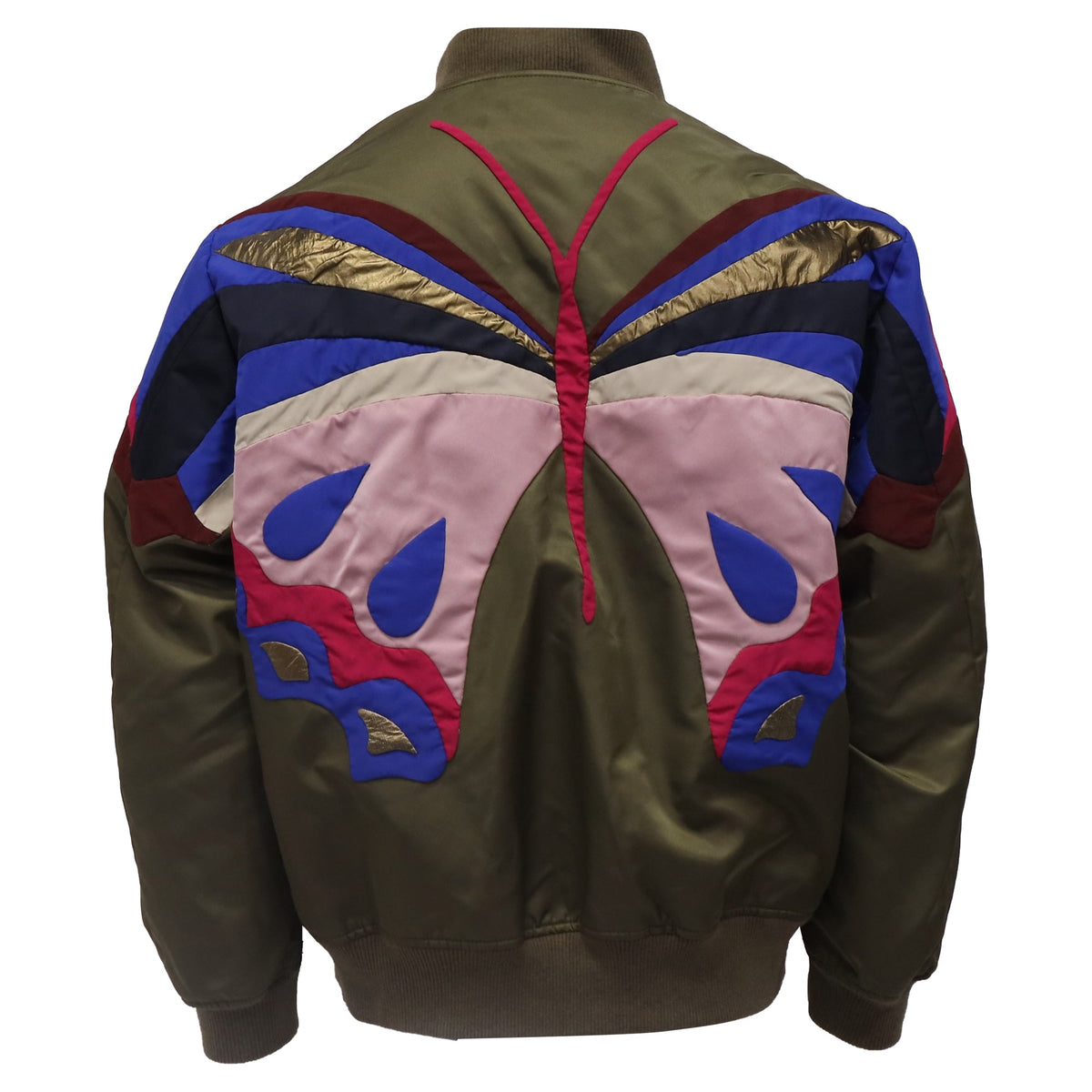 Valentino Garavani Zipped Butterfly Patchwork Bomber Jacket in Olive Polyamide