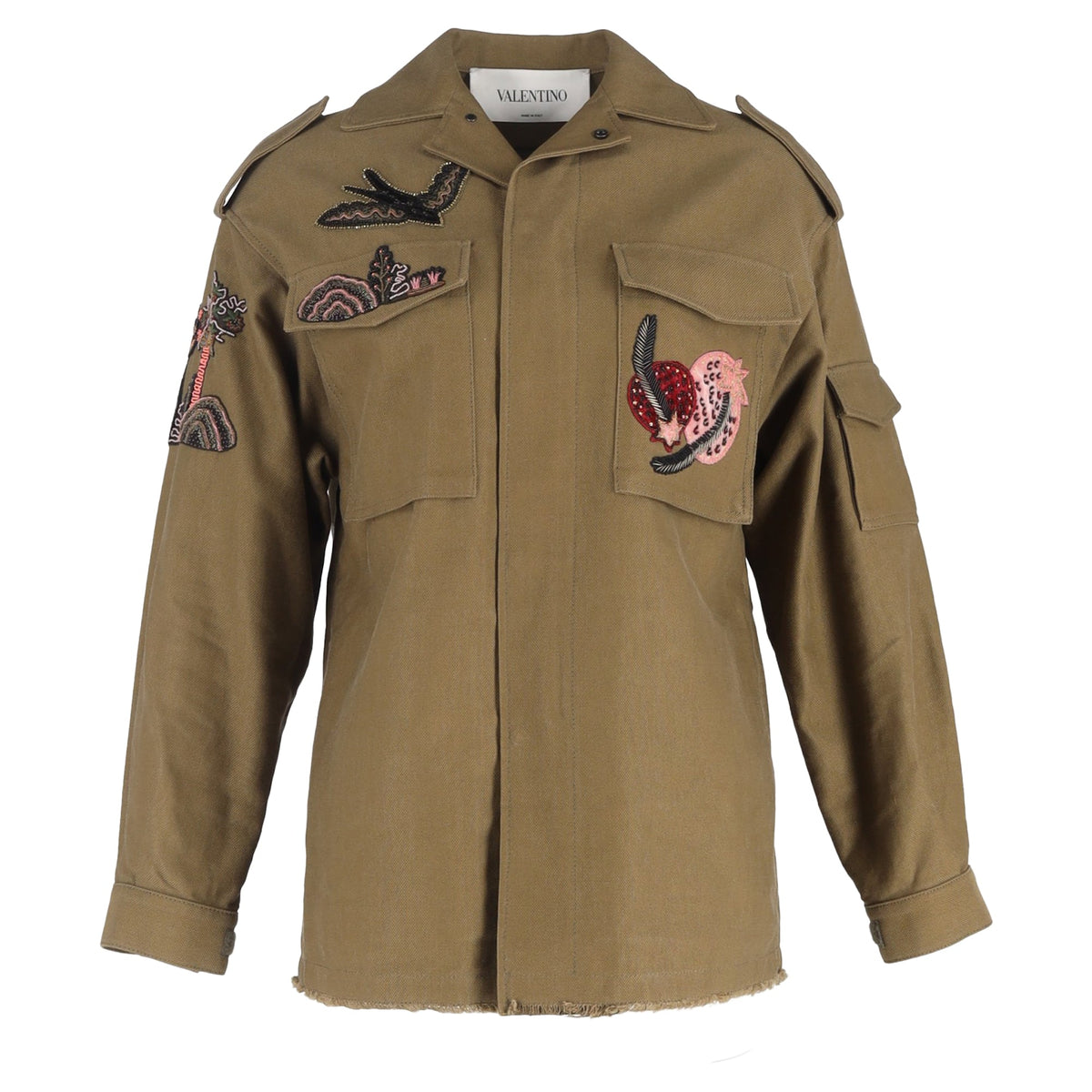 Valentino Embroidered Military Jacket in Olive Green Cotton