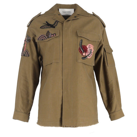Valentino Embroidered Military Jacket in Olive Green Cotton