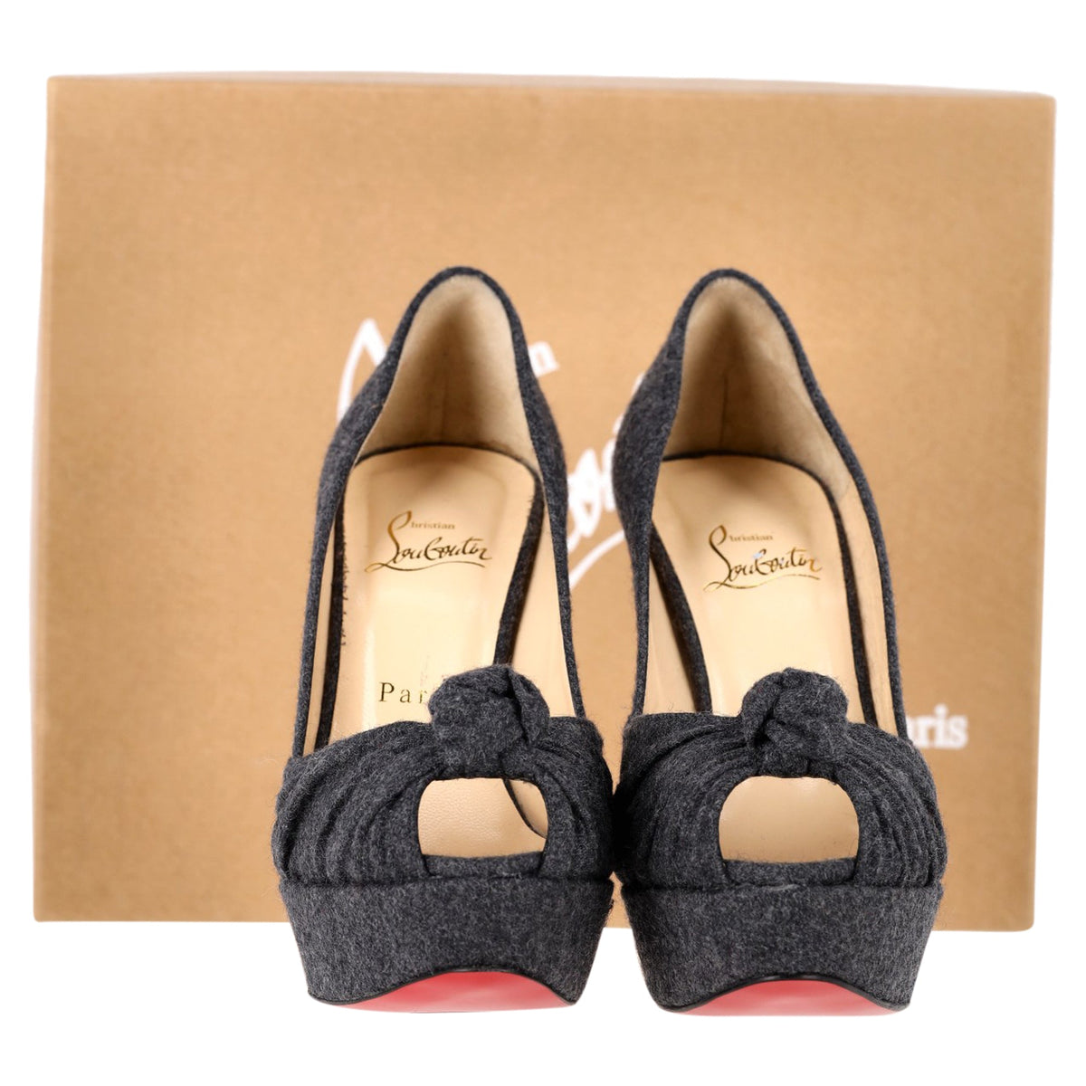 Christian Louboutin Jenny Platform Knot Peep Toe Pumps in Grey Wool