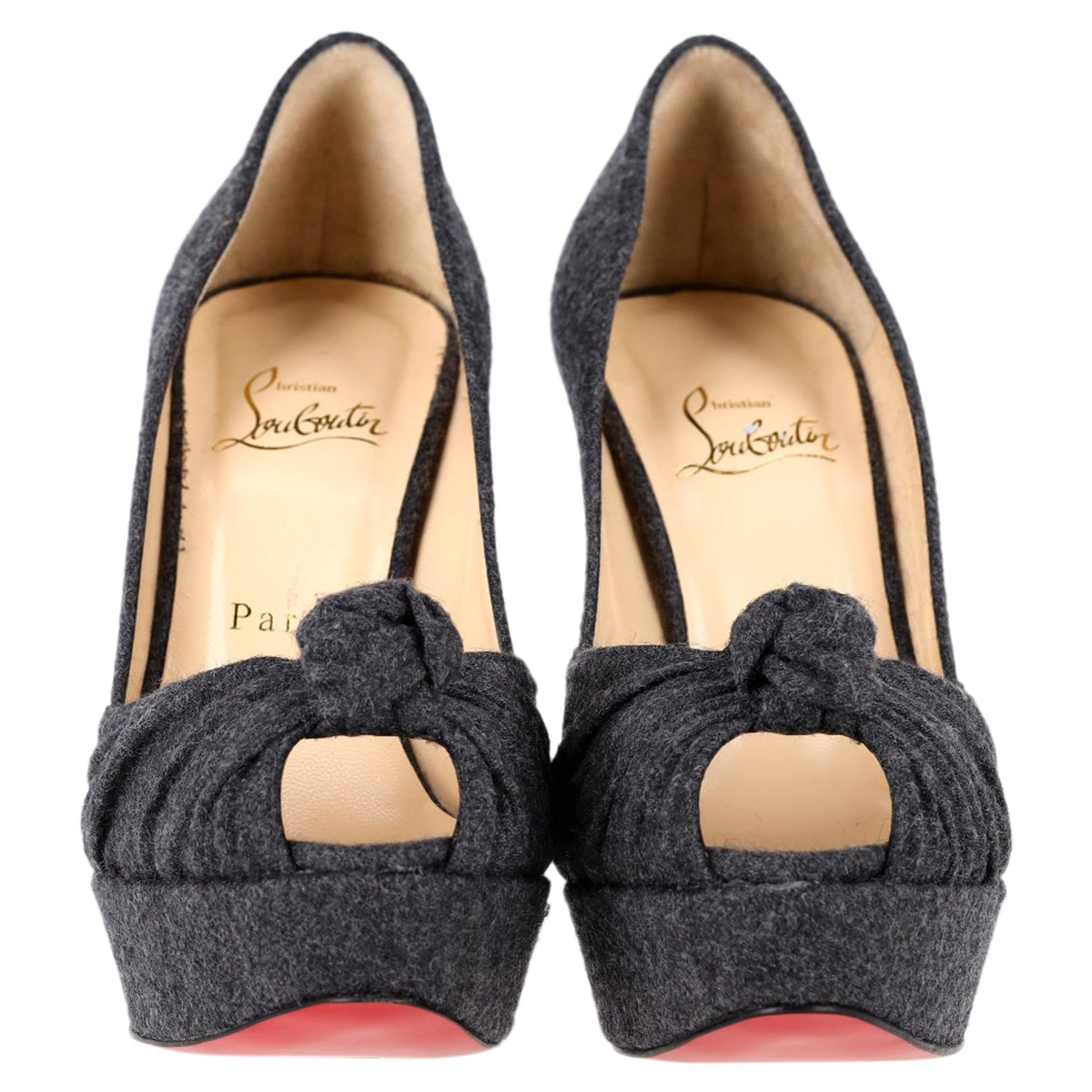 Christian Louboutin Jenny Platform Knot Peep Toe Pumps in Grey Wool