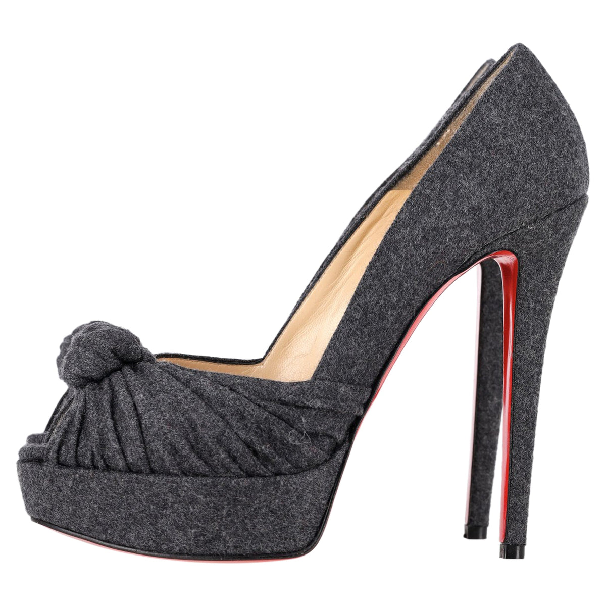 Christian Louboutin Jenny Platform Knot Peep Toe Pumps in Grey Wool
