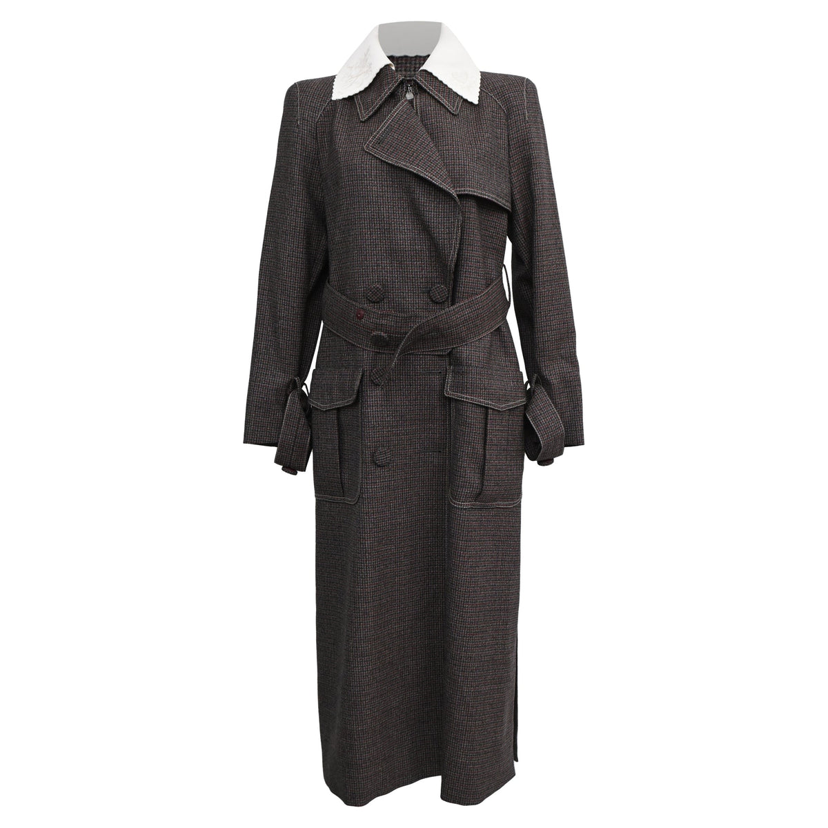 Fendi Gingham Double-Breasted Coat in Brown Wool
